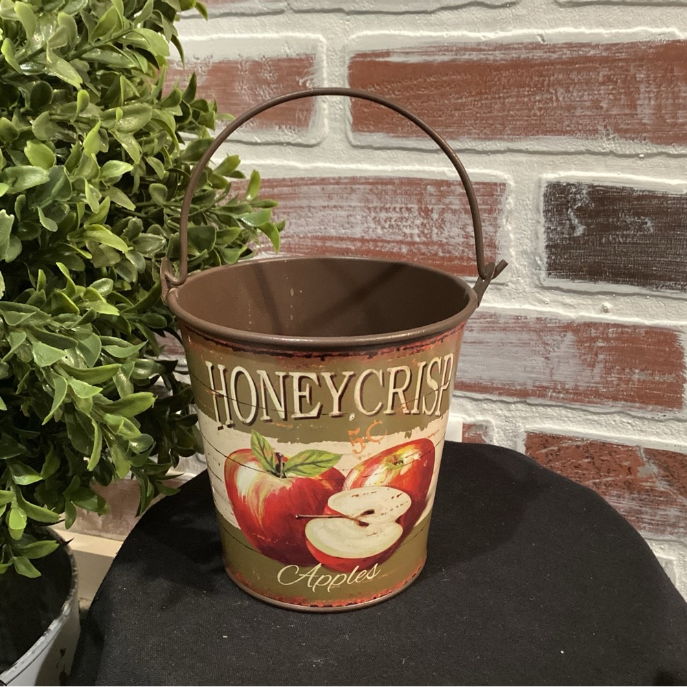 Metal Tin Crafted Bucket w Handle - Honey Crisp Apples Design - Vintage Look